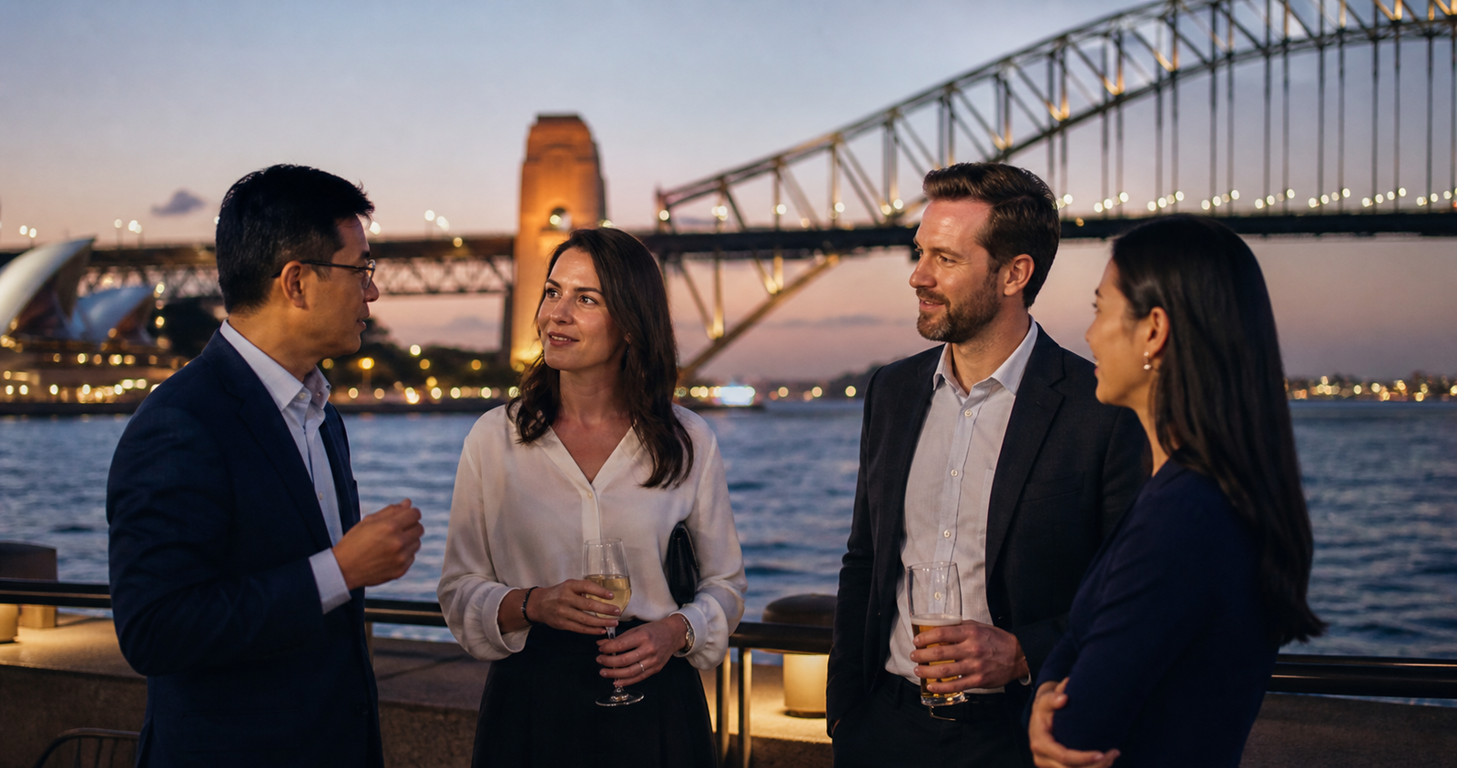 An evening corporate reception with harbour views