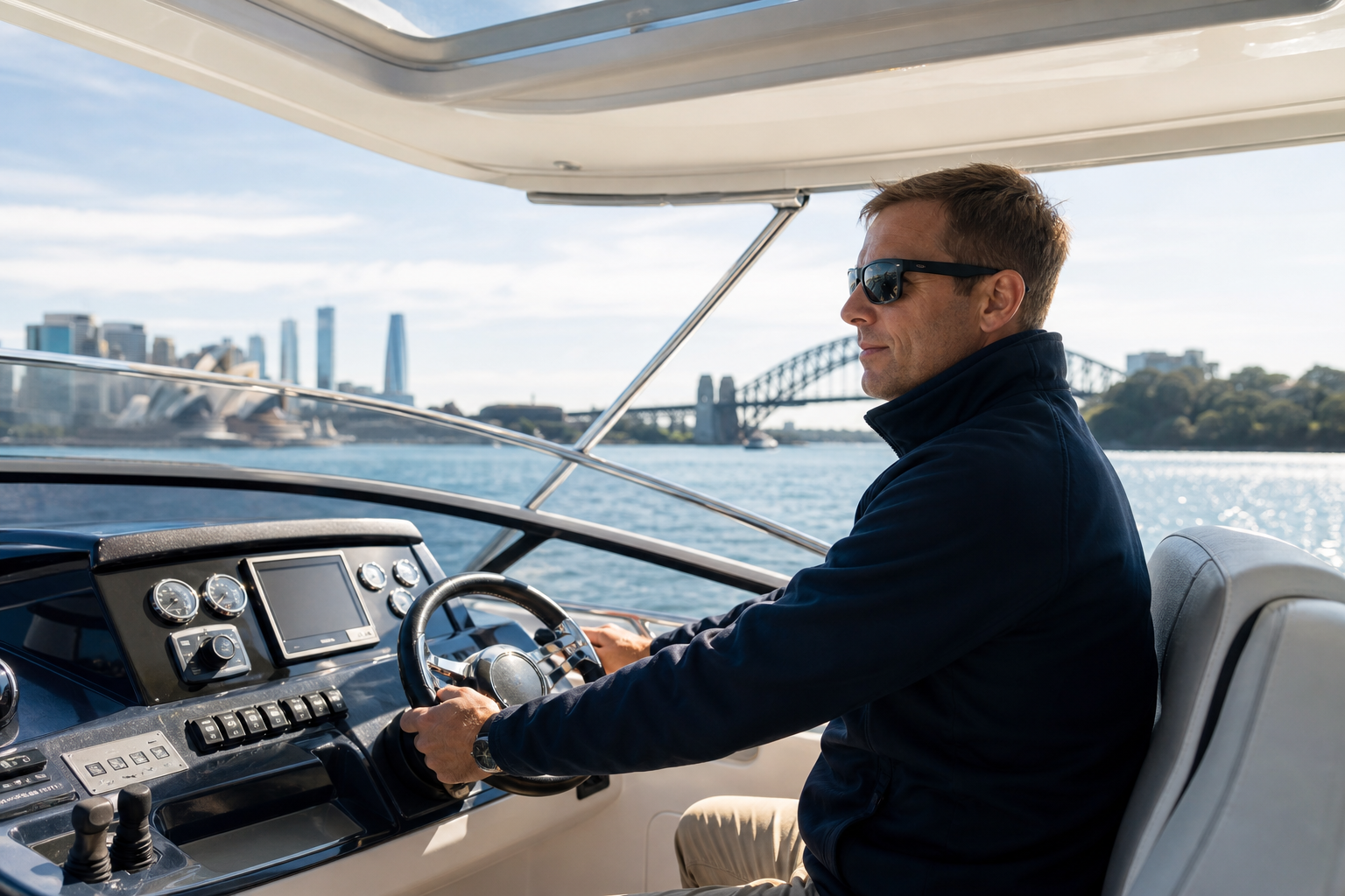 A skipper at the helm of a charter yacht on Sydney Harbour